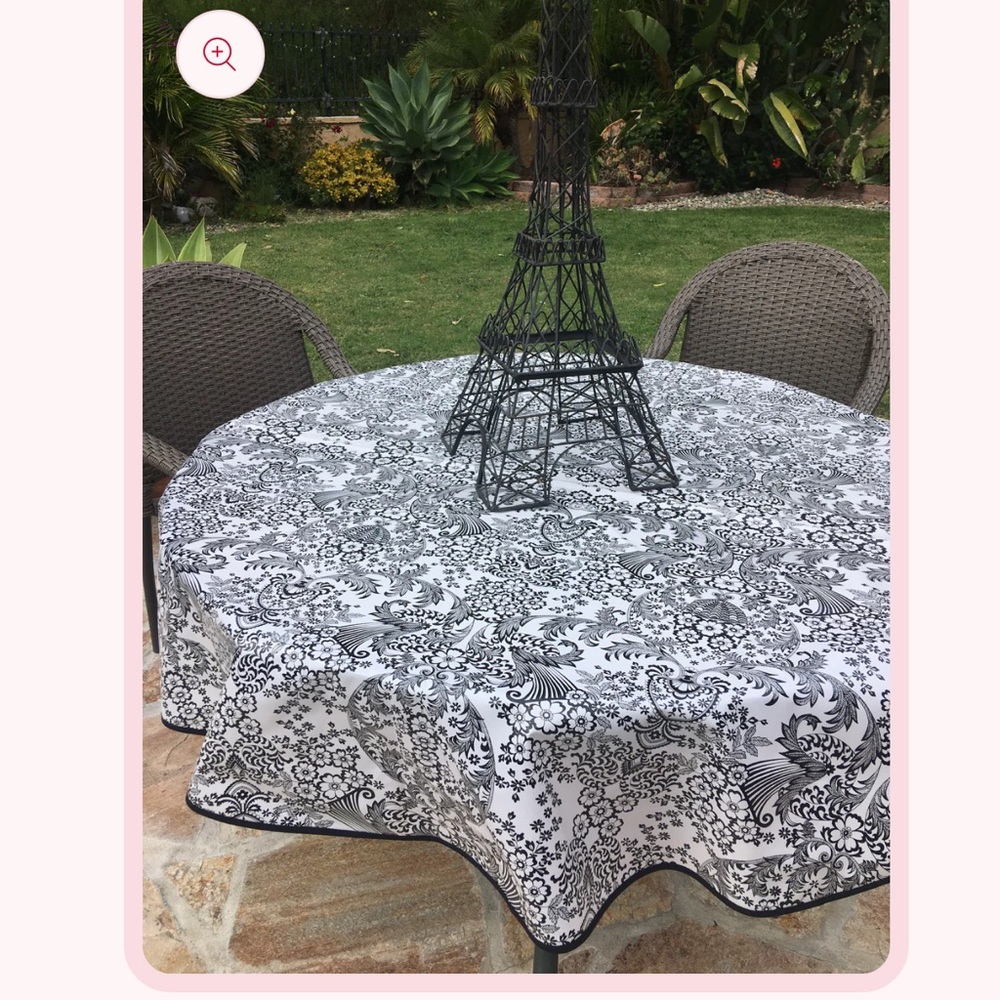 Black and White Floral Round Tablecloth - Classic Home Dining 68”, NWOT